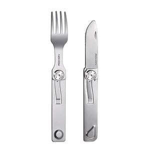 Stainless steel fork and knife set on a white background