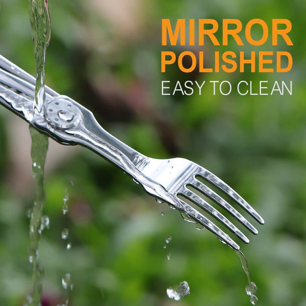 Silver fork with water droplets against a blurred green background, text 'Mirror Polished Easy to Clean' above.