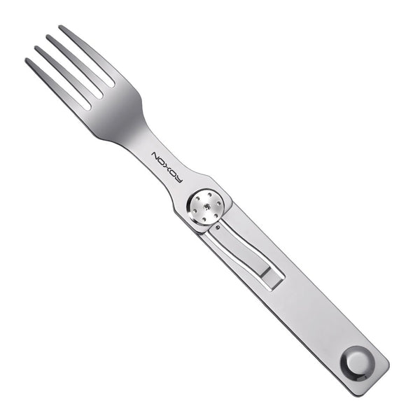 Stainless steel fork with built-in spoon on a white background