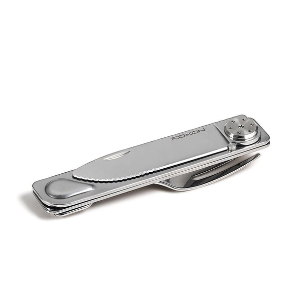 Silver multi-tool with knife blade on a white background