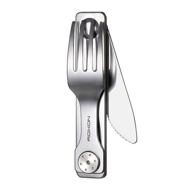 Folding knife with fork and spoon attachment on a white background