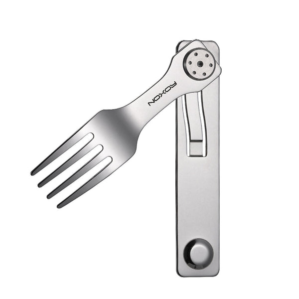 Foldable silver fork with a handle on a white background