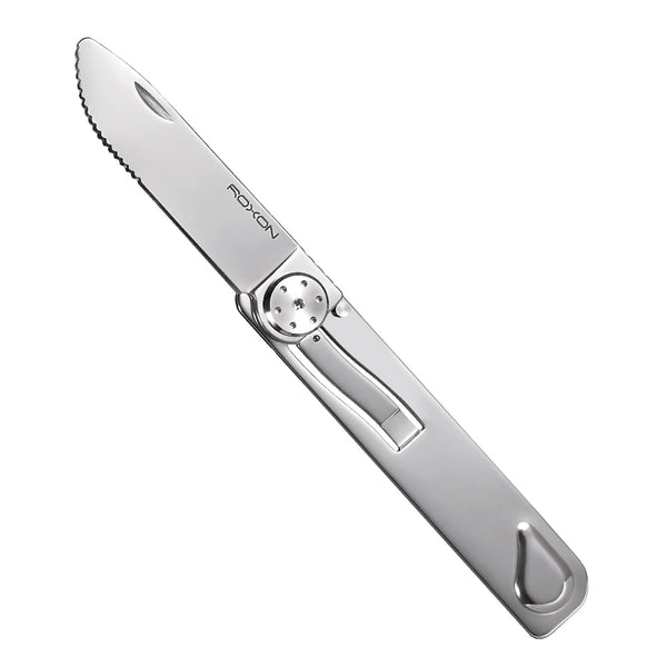 Folding knife with a serrated blade on a white background