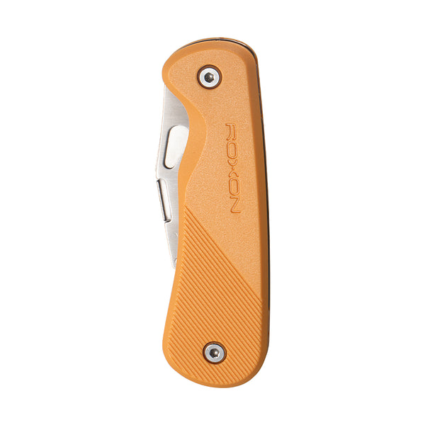 Orange folding knife with 'Roxon' branding on a white background