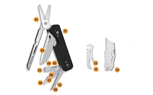 Multitool with various tools attached, each labeled with a number on a white background