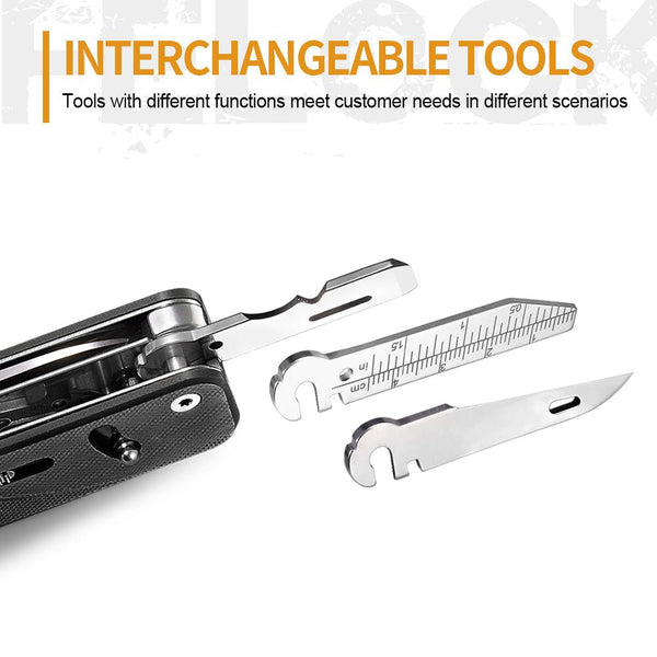 Multi-tool with interchangeable components on a white background