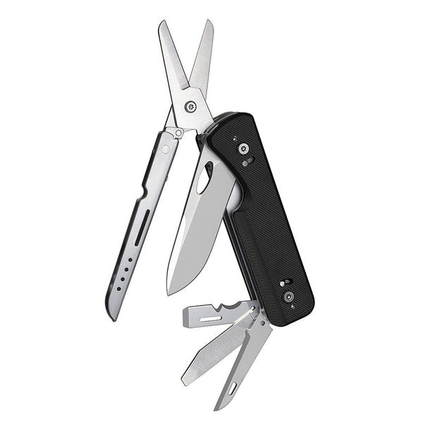 A black modular multitool opened to display a pair of scissors, pen knife, and other implements.