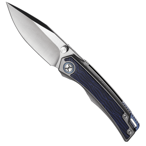 Folding knife with a blue handle on a white background