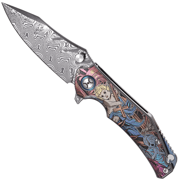 Decorative folding knife with a detailed handle on a white background