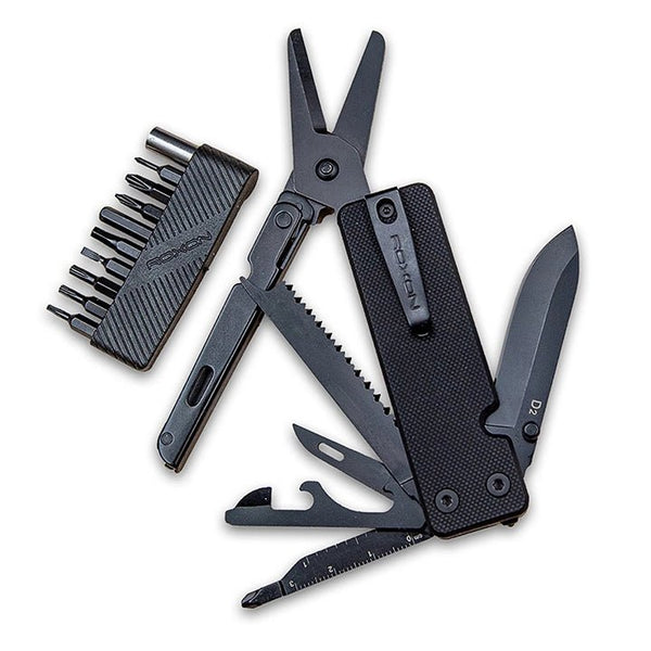 All black Multitool with knife, scissors, and various tools on a white background