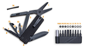 “Roxon modular multitool with scissors, D2 knife blade, saw, screwdrivers, openers, and 10-piece bit set