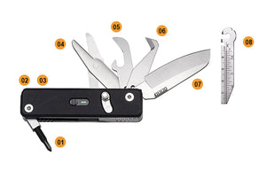 Multitool with various tools on a white background