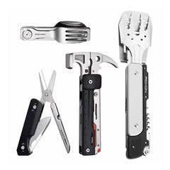 ROXON multitools and accessories lineup, including folding scissors, hammer multitool, modular BBQ tool, and compact cutlery set, displayed vertically against a white background.