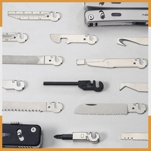 Assorted ROXON FLEX and Flex Companion multitool implements neatly arranged, showcasing blades, wrenches, files, and specialty tools on a light background.
