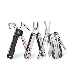 ROXON multitools including H1 Rhino, Sterm, and Flex displayed upright, showcasing various built-in tools like pliers, hammers, and scissors on a white background.