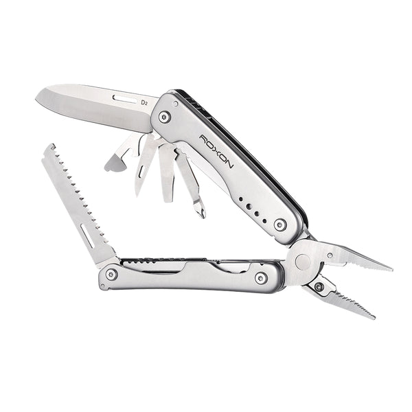 Multitool displaying all tools held inside it including blades, scissors, saw and whistle