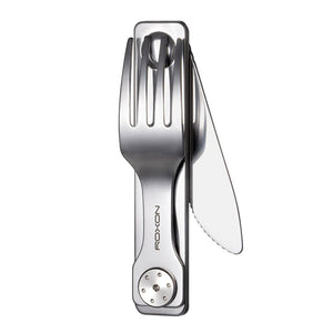 Folding knife with fork and spoon attachment on a white background
