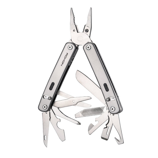 Multitool with integrated pliers, a versatile knife, full-size scissors, wire cutters and a  reliable screwdriver