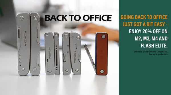 Lineup of ROXON multitools on a desk with 'Back to Office' text – featuring M2, M3, M4, and Flash Elite multitools, ideal for everyday office and EDC use