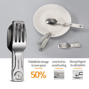 Graphic of cutlery multitool with spoon, knife and fork arranged on a plate. Text describing benefits of multitool