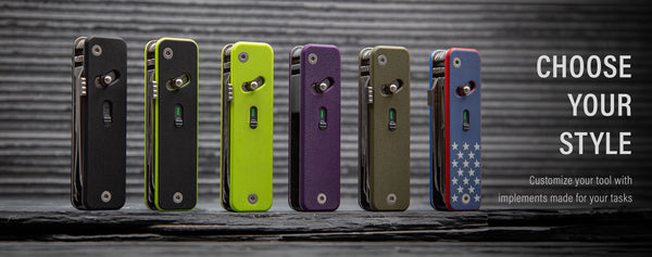 Row of colorful multi tools on a metallic surface with text 'Choose Your Style' and 'Customize your tool with implements made for your tasks'.