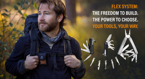 Man wearing outdoor gear and backpack in the woods, next to a promotional display of Roxon Flex multitools and interchangeable implements, with the tagline 