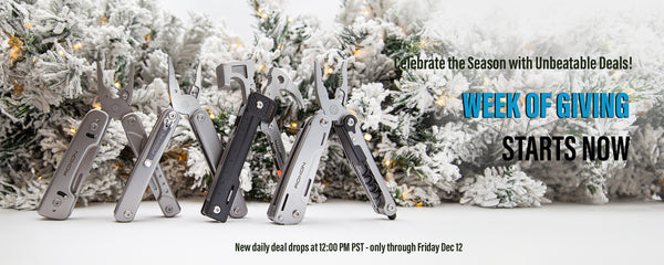 Multitools on a snowy background with Christmas trees, promoting a 'Week of Giving' sale.