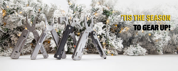 Multitools displayed against a snowy background with Christmas trees, promoting 'Tis the Season to Gear Up!