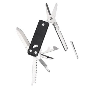 Multitool showing various internal tools like knives, saw, scissors and tweezers