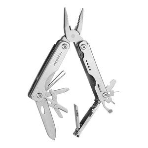 Multitool showing various internal tools like knives, saw, scissors and tweezers