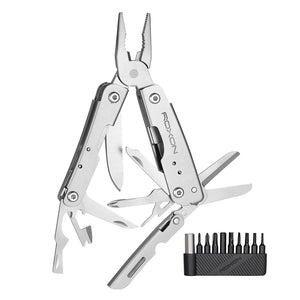 Multitool showing various internal tools like knives, saw, scissors and tweezers