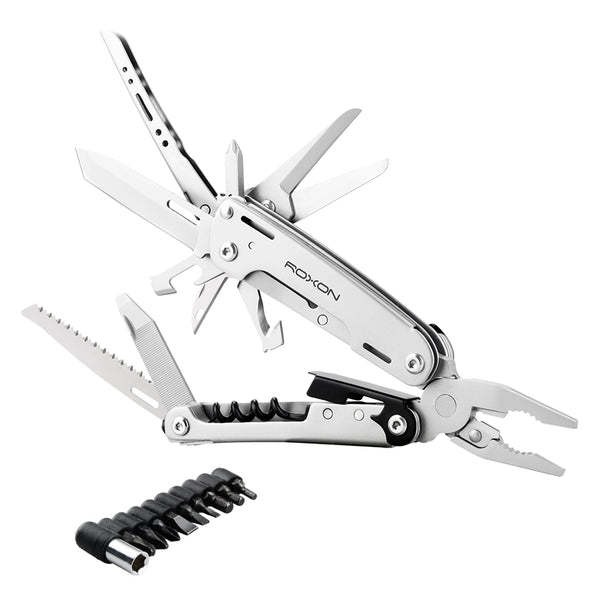 Multitool with integrated pliers, a versatile knife, full-size scissors, a reliable screwdriver, and a wine opener