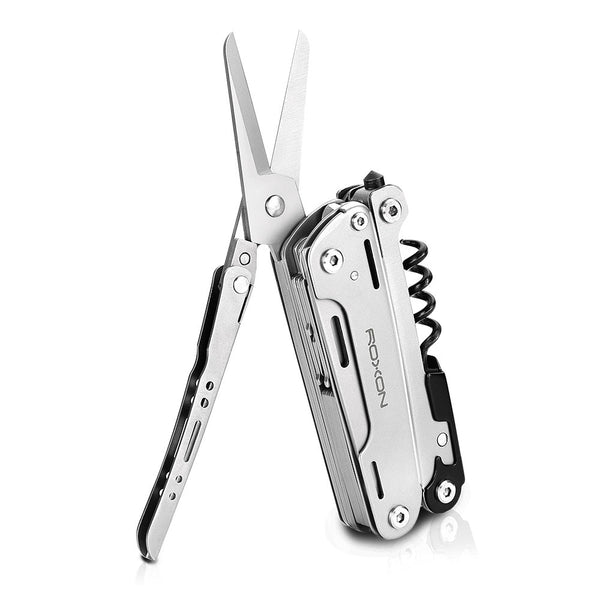 Multitool with integrated pliers, a versatile knife, full-size scissors, a reliable screwdriver, and a wine opener