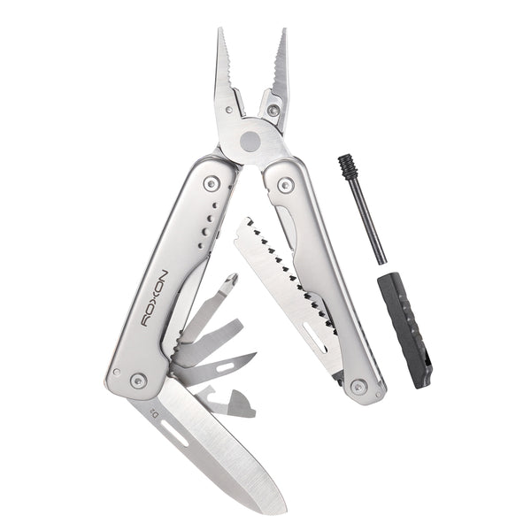 Multitool displaying all tools held inside it including blades, scissors, saw and whistle