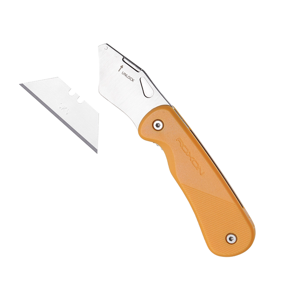Folding knife with orange handle and silver blade on a white background