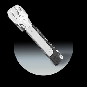 Multifunctional tool with a black and silver design on a gradient background