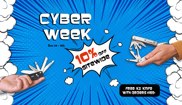 Promotional graphic for Cyber Week with a blue background, text, and images of multi-tool knives.