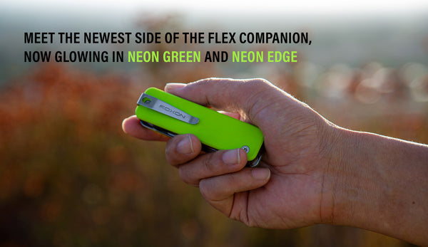 Hand holding a neon green multi-tool with text about the newest side of the Flex Companion.