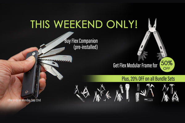 Promotional advertisement for a multi-tool with a hand holding it, showing different components on a black background.