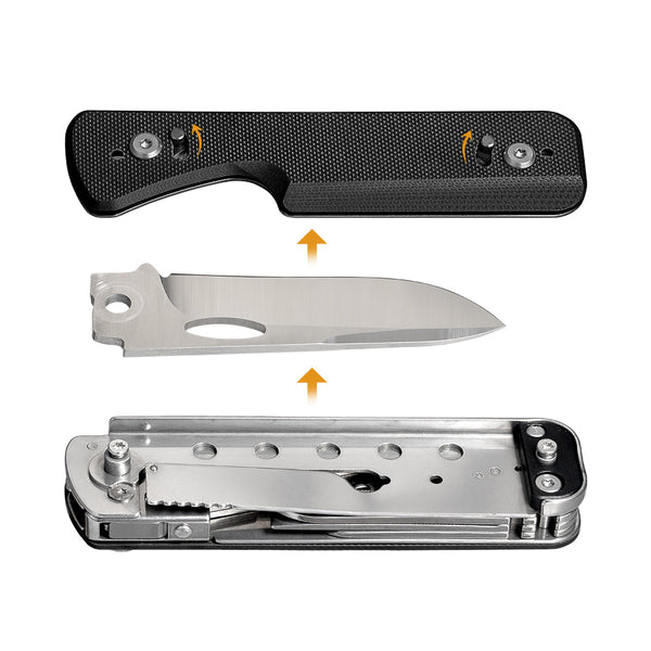 Folding knife with blade and sheath on a white background