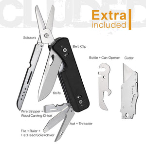 Multitool with various tools including a knife, scissors, and file on a white background.