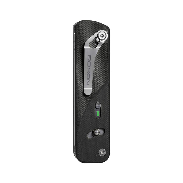 Black Roxon pocket knife on a white background