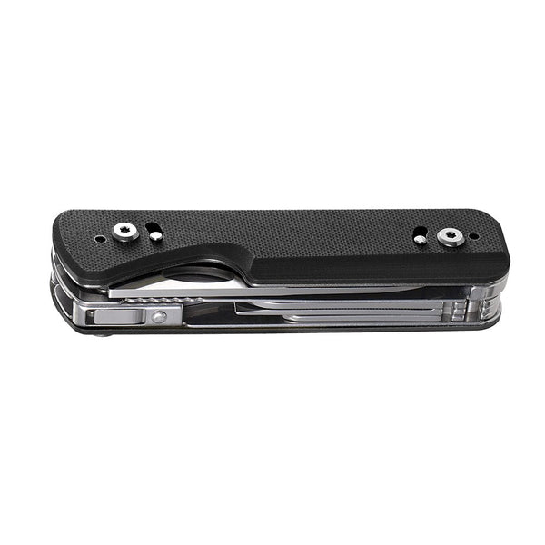 Black multi-tool on a white background