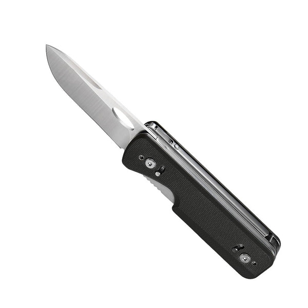 Black folding knife with a metallic blade on a white background