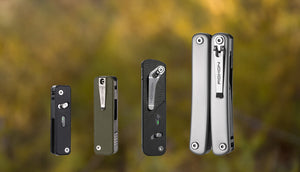 Set of multi-tool knives with different designs on a blurred natural background