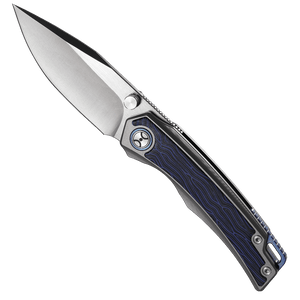 Folding knife with a blue handle on a white background