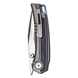 Folding knife with a metallic blade and black handle on a white background