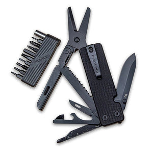 All black Multitool with knife, scissors, and various tools on a white background