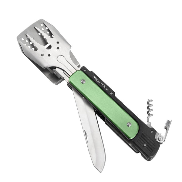 ROXON MBT3 Foldable Grill Multitool with fork, spatula, knife, bottle opener, and tongs – compact BBQ and camping tool