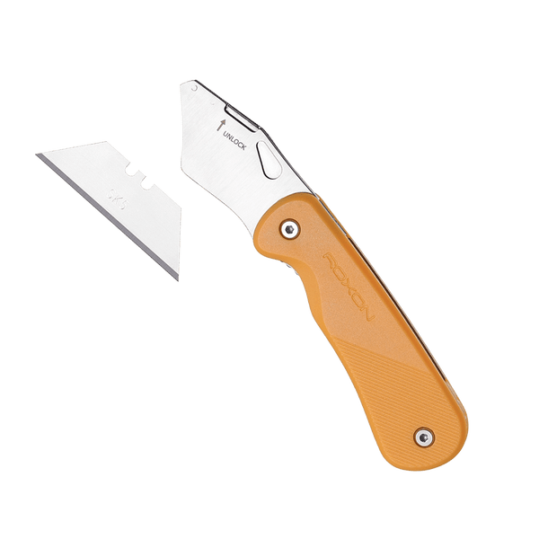Folding knife with orange handle and silver blade on a white background